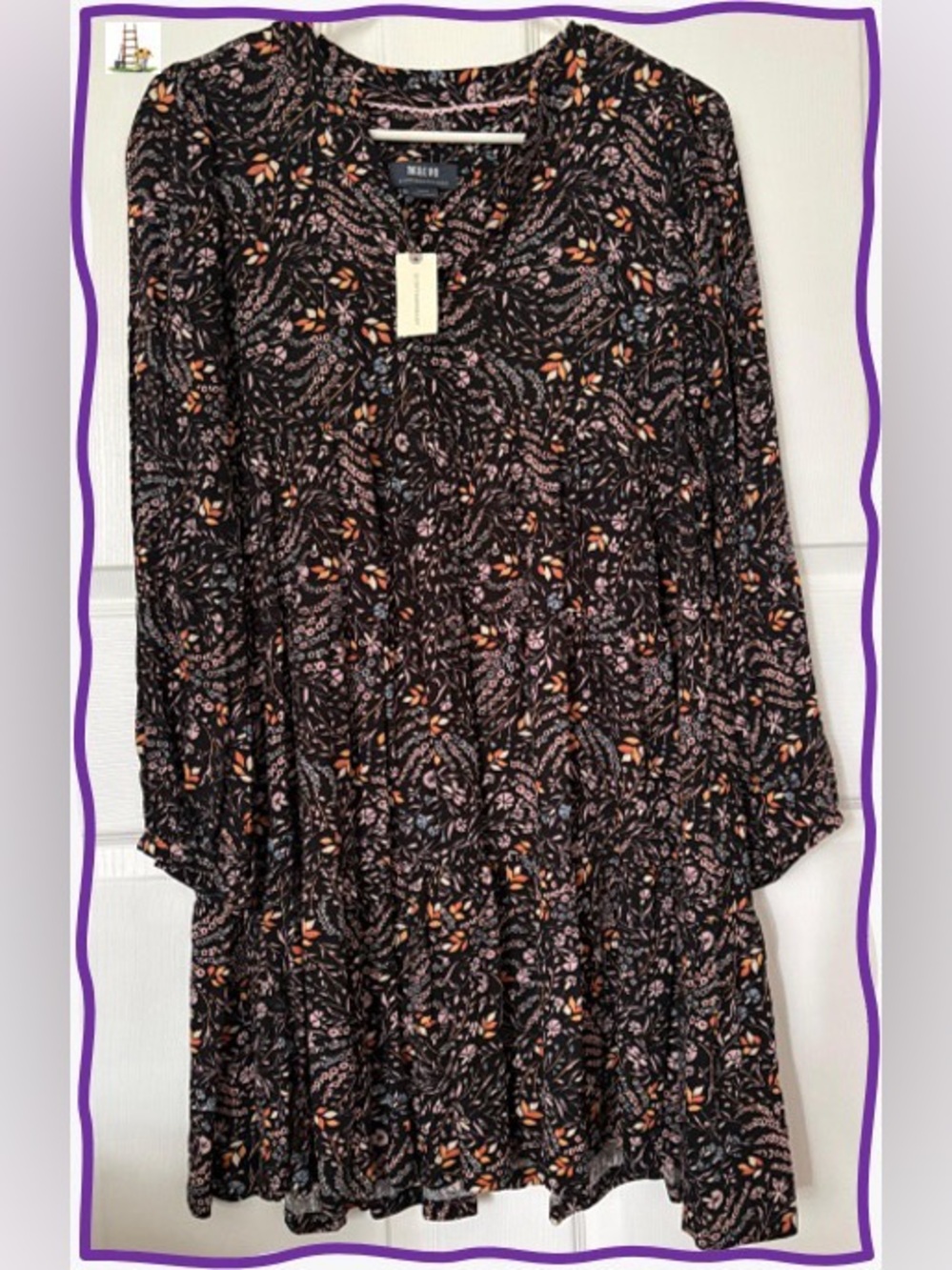 MAEVE BY ANTHROPOLOGIE-Black Floral Long-Sleeve Tiered Dress